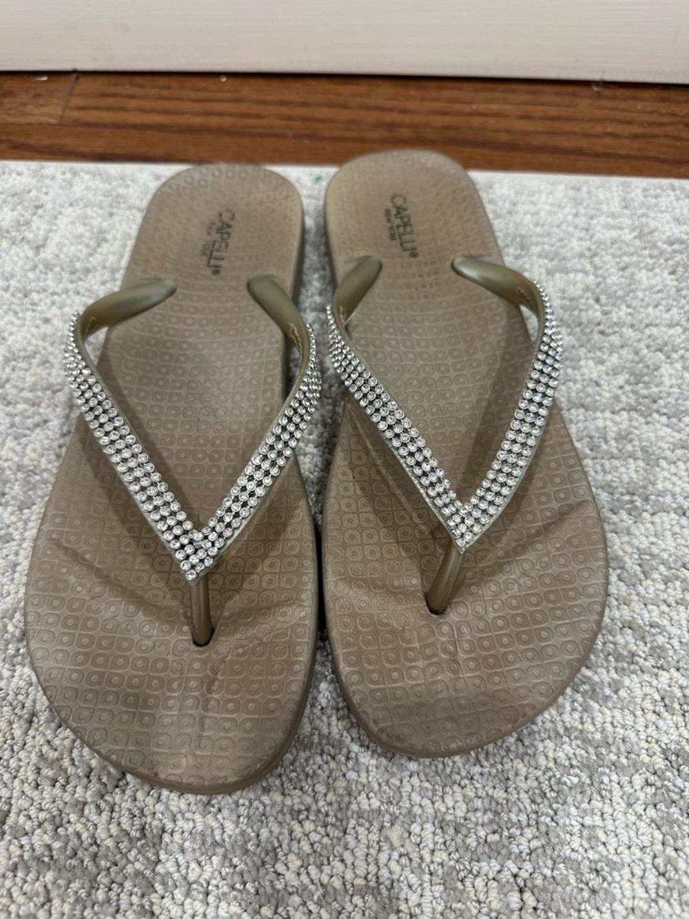 Capelli of New York Taupe Rhinestone-Embellished Flip Flops Size 7